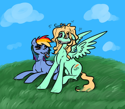 Size: 6000x5220 | Tagged: safe, artist:mylittlegodzilla, rainbow dash, zephyr breeze, g4, :3, absurd resolution, alternate hairstyle, blushing, cute, female, male, mouth hold, prone, scrunchie, ship:zephdash, shipping, spread wings, straight