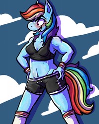 Size: 1017x1280 | Tagged: safe, artist:intoxicatedsquid, rainbow dash, anthro, g4, clothes, female, grin, midriff, muscles, shorts, smiling, solo, sports bra, sports shorts, sweat