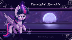 Size: 1601x900 | Tagged: safe, artist:yellow-snail, twilight sparkle, alicorn, pony, g4, female, flying, magic, moon, reflection, solo, twilight sparkle (alicorn), unshorn fetlocks, water