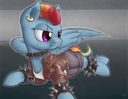 Size: 1600x1250 | Tagged: safe, artist:anti1mozg, rainbow dash, pegasus, pony, fanfic:broken toy, g4, clothes, collar, ear piercing, earring, eye scar, fanfic art, female, injured, jacket, jewelry, pants, piercing, prone, scar, shirt, solo, spiked wristband