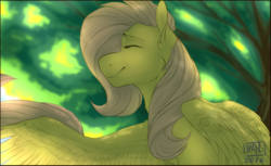 Size: 1600x981 | Tagged: safe, artist:valeriaalpha, fluttershy, g4, chest fluff, ear fluff, eyes closed, female, forest, smiling, solo