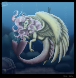 Size: 1024x1050 | Tagged: safe, artist:freiast, fluttershy, merpony, g4, bubble, female, solo, spread wings, treasure chest, underwater, unshorn fetlocks