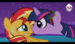 Size: 1866x1107 | Tagged: safe, artist:alberbrony, sunset shimmer, twilight sparkle, pony, unicorn, g4, anime, blushing, cross-popping veins, female, flower, hub logo, kissing, lesbian, mare, ponified, ship:sunsetsparkle, shipping, yandere