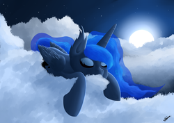 Size: 4092x2893 | Tagged: safe, artist:simonk0, princess luna, g4, cloud, ear fluff, eyes closed, female, moon, night, prone, solo, stars