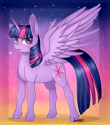 Size: 1024x1166 | Tagged: safe, artist:jazzerix, twilight sparkle, alicorn, pony, g4, blushing, female, solo, spread wings, twilight sparkle (alicorn), unshorn fetlocks
