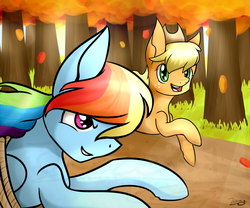 Size: 2400x2000 | Tagged: safe, artist:jazzerix, applejack, rainbow dash, earth pony, pegasus, pony, fall weather friends, g4, bound wings, female, forest, grass, high res, mare, open mouth, open smile, running, scene interpretation, signature, smiling, tree, whitetail woods