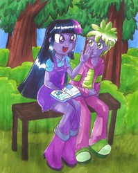 Size: 1147x1444 | Tagged: safe, artist:hopelessromantic721, spike, twilight sparkle, equestria girls, g4, human spike, mama twilight, reading, traditional art