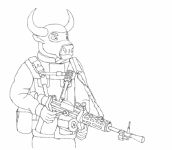 Size: 1635x1435 | Tagged: safe, artist:konstantin-kholchev, minotaur, fallout equestria, fallout equestria: the rovers, balaclava, clothes, grenade, gun, male, monochrome, weapon