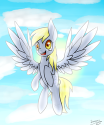 Size: 2000x2400 | Tagged: safe, artist:jazzerix, derpy hooves, pegasus, pony, g4, backlighting, cloud, female, flying, high res, mare, open mouth, solo, sun