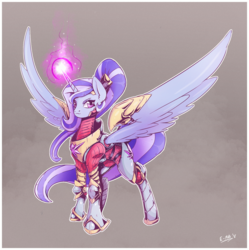 Size: 1889x1898 | Tagged: safe, artist:europamaxima, oc, oc only, oc:moonlight, alicorn, pony, alicorn oc, armor, magic, ponytail, solo, spread wings