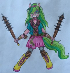 Size: 2135x2224 | Tagged: safe, artist:bozzerkazooers, lemon zest, equestria girls, g4, dual wield, female, high res, kanabō, ponied up, solo, tongue out, traditional art, weapon