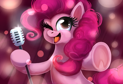 Size: 1450x1000 | Tagged: safe, artist:bugiling, pinkie pie, g4, cute, diapinkes, female, frog (hoof), microphone, one eye closed, open mouth, singing, solo, starry eyes, underhoof, wingding eyes, wink