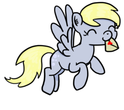 Size: 1646x1464 | Tagged: safe, artist:raptorfarts, derpy hooves, pegasus, pony, g4, eyes closed, female, flying, letter, mare, mouth hold, simple background, solo, transparent background