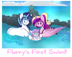 Size: 1280x1023 | Tagged: safe, artist:twisted-sketch, princess cadance, princess flurry heart, shining armor, alicorn, pony, unicorn, g4, clothes, cute, family, floating, floaty, flurrybetes, grin, inner tube, one eye closed, one-piece swimsuit, open mouth, photo, polaroid, prone, signature, smiling, swimming, swimsuit, water, wink
