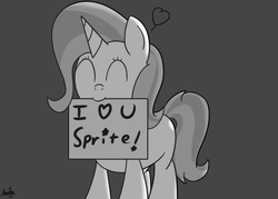 Size: 700x500 | Tagged: safe, artist:spritepony, trixie, oc, oc:sprite, pony, unicorn, g4, canon x oc, female, grayscale, implied sprite, lesbian, mare, monochrome, mouth hold, my little art challenge, shipping, sign, solo
