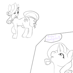 Size: 1200x1200 | Tagged: safe, artist:deathcap, rarity, pony, unicorn, comic:time out, equestria girls, g4, female, human to pony, implied sweetie belle, mare, monochrome, post-transformation, sequence, solo, transformation