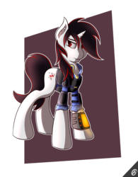 Size: 1251x1600 | Tagged: safe, artist:capseys, oc, oc only, oc:blackjack, pony, unicorn, fallout equestria, fallout equestria: project horizons, armor, clothes, fanfic, fanfic art, female, hooves, horn, jumpsuit, mare, pipbuck, security armor, solo, vault security armor, vault suit