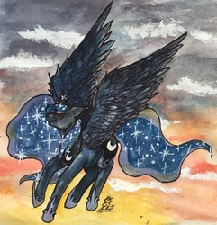 Size: 2711x2808 | Tagged: safe, artist:chupacabraprincess, princess luna, g4, eyes closed, female, floppy ears, flying, high res, smiling, solo, sunset, traditional art, twilight (astronomy)