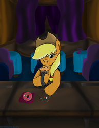 Size: 2550x3300 | Tagged: safe, artist:xenstroke, applejack, g4, bar, cider, dark, donut, drink, female, food, solo