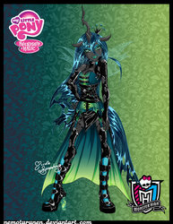 Size: 2151x2787 | Tagged: safe, artist:nemoturunen, queen chrysalis, human, g4, female, horn, horned humanization, humanized, monster high, monster high logo, my little pony logo, solo, winged humanization