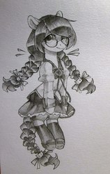Size: 683x1080 | Tagged: safe, artist:aphphphphp, oc, oc only, pony, bipedal, clothes, dress, glasses, monochrome, pigtails, shoes, solo, traditional art