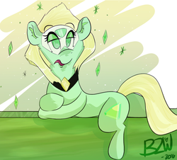 Size: 900x812 | Tagged: safe, artist:bow2yourwaifu, earth pony, gem (race), gem pony, pony, annoyed, crossover, ear fluff, female, gem, green, lying down, mare, peridot, peridot (steven universe), ponified, solo, steven universe