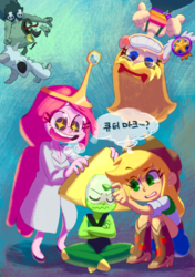 Size: 500x709 | Tagged: safe, artist:chi-iz, applejack, gem (race), human, humanoid, equestria girls, g4, adventure time, confused, crossover, excited, female, gem, group, humanized, kappa, korean, ludo avarius, male, peridot, peridot (steven universe), princess bubblegum, quintet, star butterfly, star vs the forces of evil, steven universe