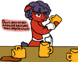 Size: 440x350 | Tagged: safe, artist:themox, oc, oc only, apron, cleaning, clothes, dialogue, moxie soda, mug, simple background, solo, transparent background