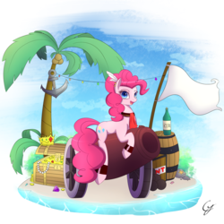Size: 2000x2000 | Tagged: safe, artist:laptop-pone, pinkie pie, earth pony, pony, g4, alcohol, anchor, barrel, box, cannon, coconut, coconut tree, coin, crown, ear piercing, explosives, female, flag, food, gem, gold, high res, jewelry, open mouth, palm tree, pearl necklace, piercing, pirate, regalia, rum, solo, tnt, treasure chest, tree, whiskey