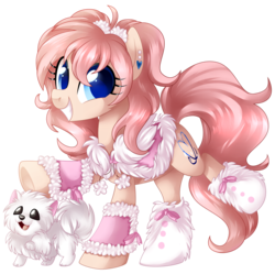 Size: 2451x2446 | Tagged: safe, artist:xnightmelody, oc, oc only, oc:cream, oc:pompom merengue, dog, earth pony, pony, boots, clothes, cute, female, grin, high res, looking at you, raised hoof, raised leg, saddle, simple background, smiling, solo, squee, transparent background, underhoof