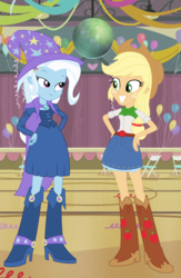 Size: 584x896 | Tagged: safe, artist:ilovesunsetshimmer99, artist:sketchmcreations, artist:themexicanpunisher, applejack, trixie, equestria girls, g4, boots, canterlot high, cape, clothes, cowboy boots, denim skirt, female, gymnasium, hat, lesbian, shipping, shoes, skirt, smiling, stage, tripplejack, wizard hat