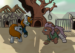 Size: 2800x2000 | Tagged: safe, artist:rockset, oc, oc only, oc:littlepip, earth pony, pony, unicorn, fallout equestria, bandage, butt, cage, clothes, confrontation, cutie mark, dead tree, fanfic, fanfic art, female, golden oaks library, gritted teeth, high res, hooves, horn, jumpsuit, looking at each other, mare, pipbuck, plot, ponyville, raider, raised hoof, teeth, tree, vault suit, wasteland