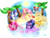 Size: 1024x785 | Tagged: safe, artist:kireikirei, applejack, fluttershy, pinkie pie, rainbow dash, rarity, twilight sparkle, alicorn, crab, earth pony, pegasus, pony, unicorn, g4, beach, coconut, day, food, hammock, mane six, palm tree, ponytail, sandcastle, summer, sun, tree, twilight sparkle (alicorn), water, wet, wet mane