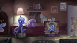 Size: 4000x2250 | Tagged: safe, artist:sycreon, trixie, pony, unicorn, g4, bedroom eyes, eyes on the prize, female, levitation, licking, licking lips, magic, mare, needle, open mouth, poster, sitting, smiling, smirk, stitching, telekinesis, thread, tongue out, trixie's cape, trixie's hat, underhoof, wand, watch