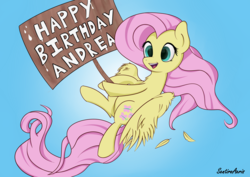 Size: 4960x3507 | Tagged: safe, artist:sentireaeris, fluttershy, g4, andrea libman, female, happy birthday, message, solo