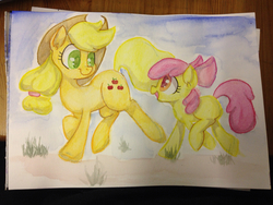 Size: 1136x852 | Tagged: safe, artist:whale, apple bloom, applejack, g4, cowboy hat, grass, hair bow, hat, looking at each other, stetson, traditional art, trotting, watercolor painting