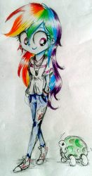 Size: 1027x1961 | Tagged: safe, artist:liaaqila, rainbow dash, tank, equestria girls, g4, awesome, clothes, converse, cute, dashabetes, female, it begins, shoes, smiling, solo, traditional art, walking