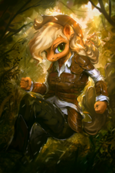 Size: 800x1200 | Tagged: safe, artist:assasinmonkey, applejack, earth pony, anthro, g4, clothes, cowboy hat, female, fist, freckles, hat, leather armor, pants, smiling, solo, stetson, vambrace