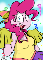Size: 2827x4000 | Tagged: safe, artist:befishproductions, pinkie pie, equestria girls, g4, rainbow falls, cheerleader, chubby, cute, diapinkes, female, plump, signature, skirt, solo