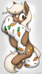 Size: 900x1580 | Tagged: safe, artist:anearbyanimal, earth pony, pony, blushing, body pillow, carrot, cute, epona, eponadorable, female, food, looking at you, mare, nom, ponepona, ponified, surprised, the legend of zelda, triforce, wallpaper