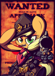 Size: 1600x2200 | Tagged: safe, artist:therandomjoyrider, applejack, g4, bandana, belt, cigarette, clothes, crossover, female, gun, hat, jesse mccree, looking at you, mccreejack, overwatch, signature, smoking, solo, wanted poster, weapon