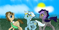 Size: 1600x817 | Tagged: safe, artist:2006kate, doctor whooves, fleetfoot, time turner, oc, oc:echo, pony, g4, male, stallion
