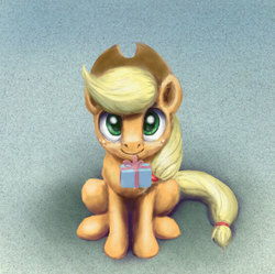 Size: 800x797 | Tagged: safe, artist:el-yeguero, applejack, earth pony, pony, g4, cowboy hat, cute, female, hat, jackabetes, looking at you, mouth hold, present, sitting, solo, stetson