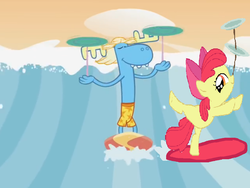 Size: 954x718 | Tagged: safe, edit, edited screencap, screencap, apple bloom, g4, the cutie pox, beach, bipedal, happy tree friends, lumpy (happy tree friends), lumpy bloom, plate spinning, shipping, surfboard, wave