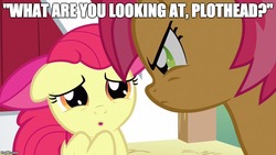 Size: 800x450 | Tagged: safe, edit, edited screencap, screencap, apple bloom, babs seed, earth pony, pony, g4, one bad apple, back to the future, biff tannen, caption, female, filly, image macro, meme, text
