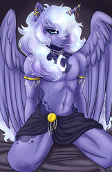 Size: 660x1020 | Tagged: source needed, safe, artist:princessproblematic, princess luna, anthro, g4, arm band, belly button, clothes, collarbone, ear fluff, ear piercing, earring, ethereal mane, ethereal tail, front view, gray background, horn, horn jewelry, horn ring, jewelry, lidded eyes, male, necklace, piercing, prince artemis, ring, rule 63, simple background, solo, spread wings, stallion, tail, topless, wings