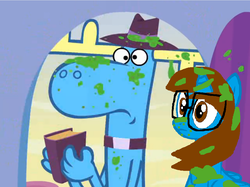 Size: 958x718 | Tagged: safe, edit, edited screencap, screencap, oc, oc only, oc:sandra garcia, alicorn, pony, g4, 1000 hours in ms paint, alicorn oc, book, collar, exorcist, green vomit, happy tree friends, hat, hilarious, lumpy (happy tree friends), ms paint, priest, sandpy, shipping, silly, slime, wut face