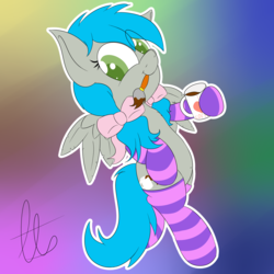Size: 2000x2000 | Tagged: safe, artist:laptopbrony, oc, oc only, oc:darcy sinclair, belly button, bow, clothes, coffee, cute, high res, looking at you, paintbrush, socks, solo, striped socks