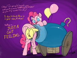 Size: 1462x1100 | Tagged: safe, artist:valcron, fluttershy, pinkie pie, earth pony, pegasus, pony, g4, cannon, dialogue, duo, duo female, female, mare, party cannon, pony cannonball, scared, this will end in tears