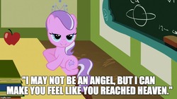 Size: 888x499 | Tagged: safe, edit, edited screencap, screencap, diamond tiara, pony, g4, ponyville confidential, apple, bedroom eyes, book, female, filly, foal, food, image macro, implied foalcon, innuendo, meme, solo, this will end in jail time